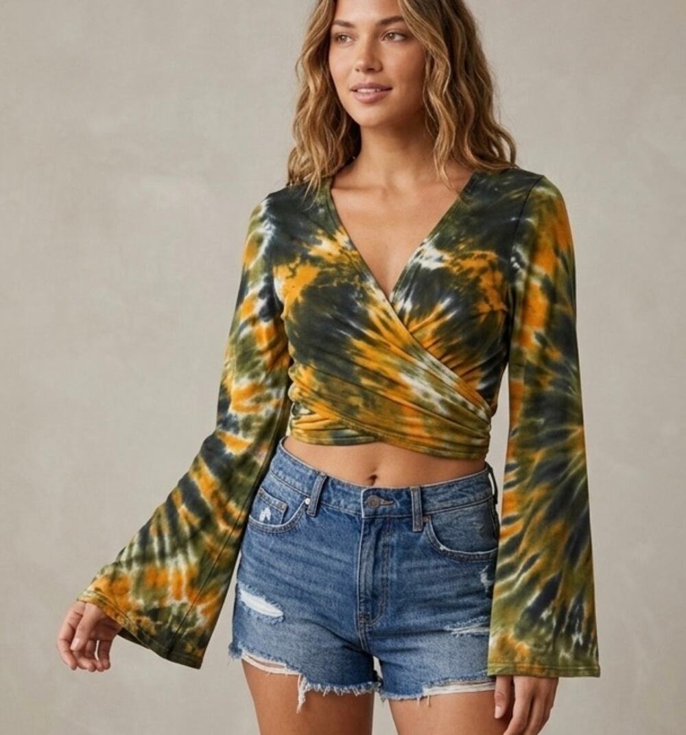 Boho Tie Dye Crop Top Long Bell Sleeve V-Neck Wrap Blouse Green Orange Festivals